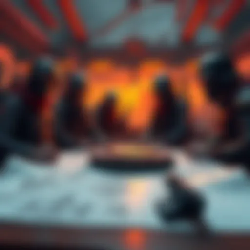 Group of players brainstorming ideas for designing a raider outpost, with blueprints and concept sketches on a table.