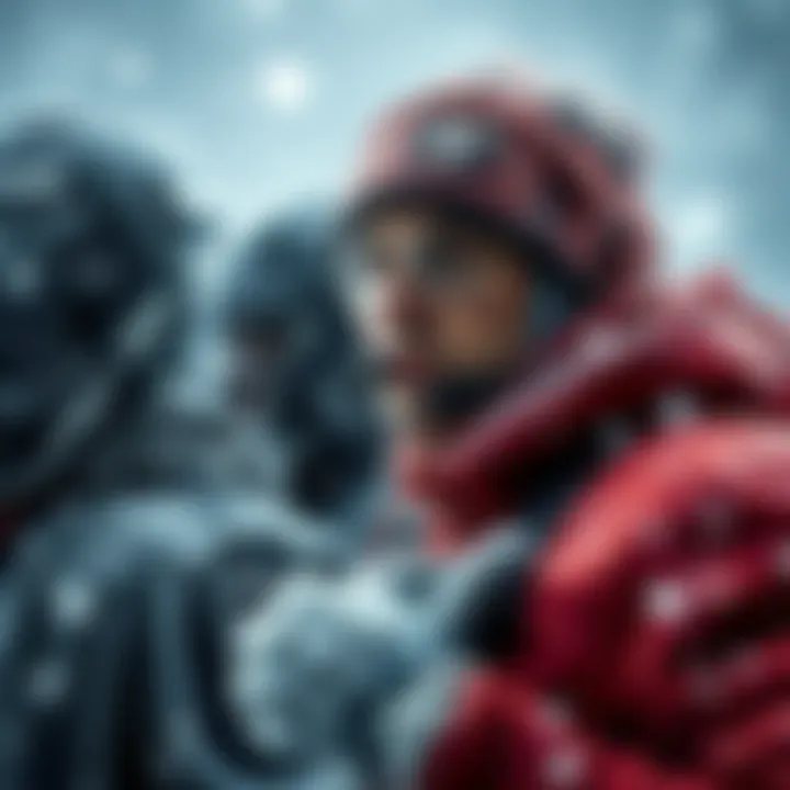 Raiders in warm gear getting ready for a cold front, looking determined and alert, as snowflakes begin to fall around them.