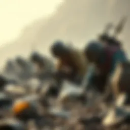 A group of raiders searching through discarded items and resources, showing a sense of opportunism without contributing to the battle effort.