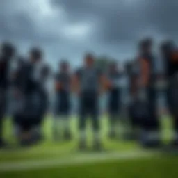 Members of the Raiders team in a huddle discussing strategies during practice