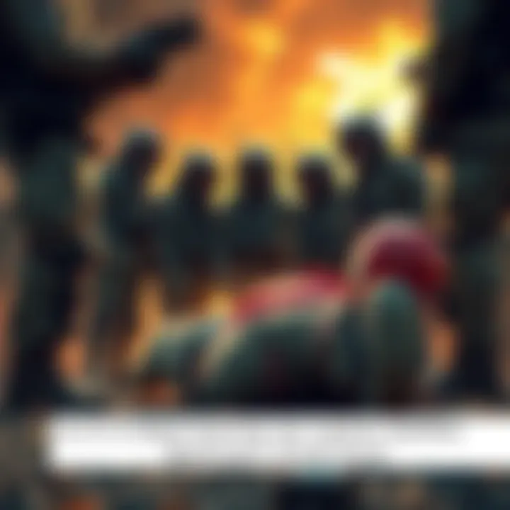 A group of frustrated raiders standing around a downed comrade, looking for defibrillators that are missing. The scene shows concern and urgency in their expressions.