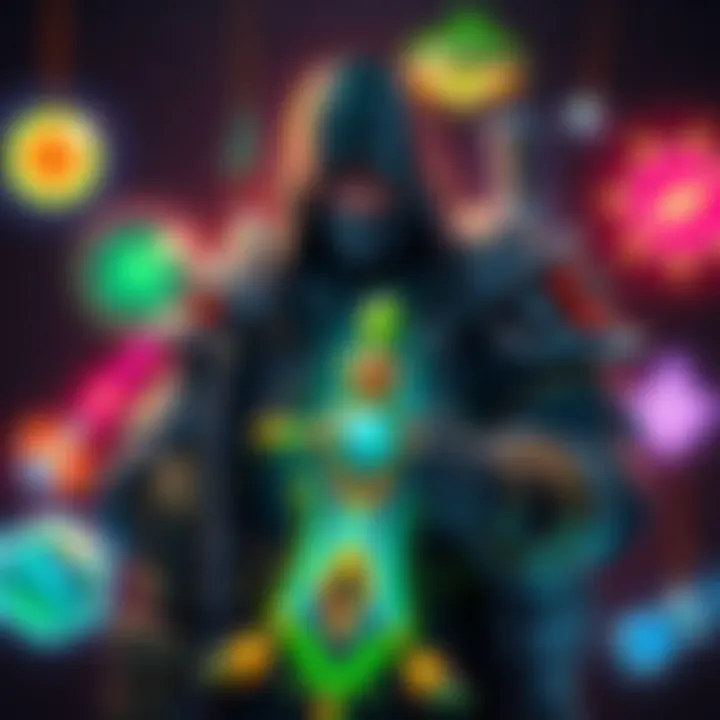 Raiding Gear Upgrade A character upgrading their gear in a game, surrounded by glowing items and tools, focusing on a weapon called Cataclysmic.