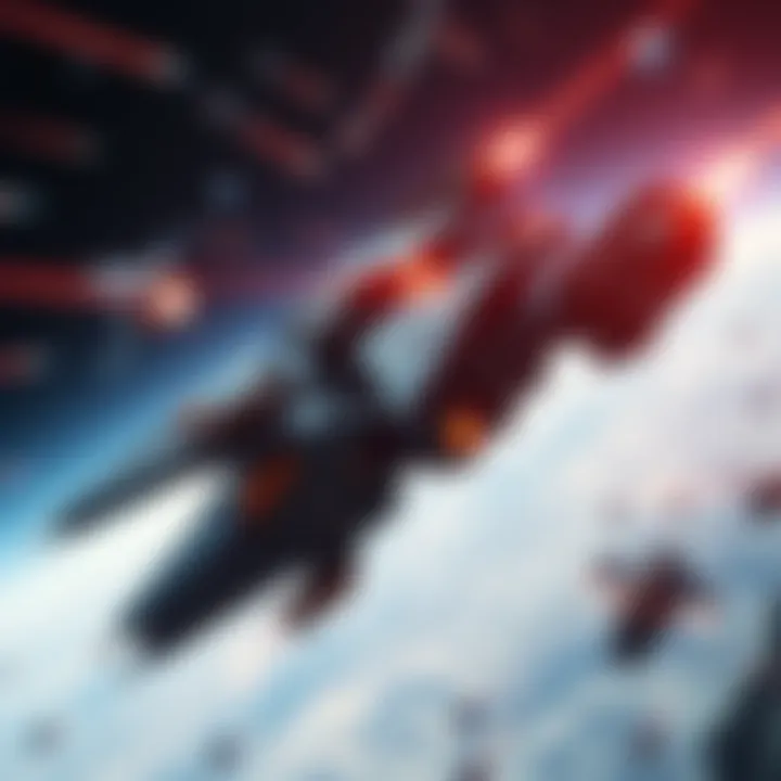 A Railjack spaceship armed with various projectile weapons in a space dogfight scenario, showcasing combat dynamics and strategies.