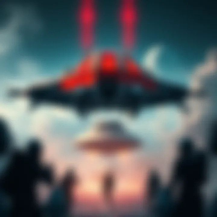 Railjack Above Base of Operation A Railjack spaceship hovering above a Base of Operation, with players observing from below.