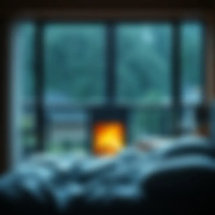 A cozy bedroom with rain falling on the window and a fireplace crackling softly in the background.