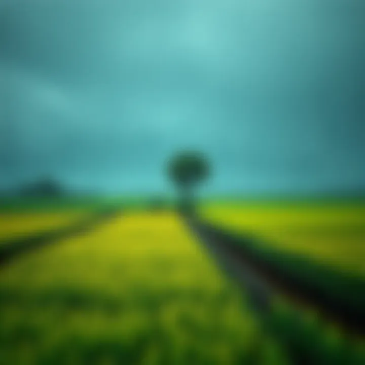 Rainfall during Monsoon Season Heavy rain falling on agricultural fields during the monsoon season, illustrating the impact on crops and weather patterns.