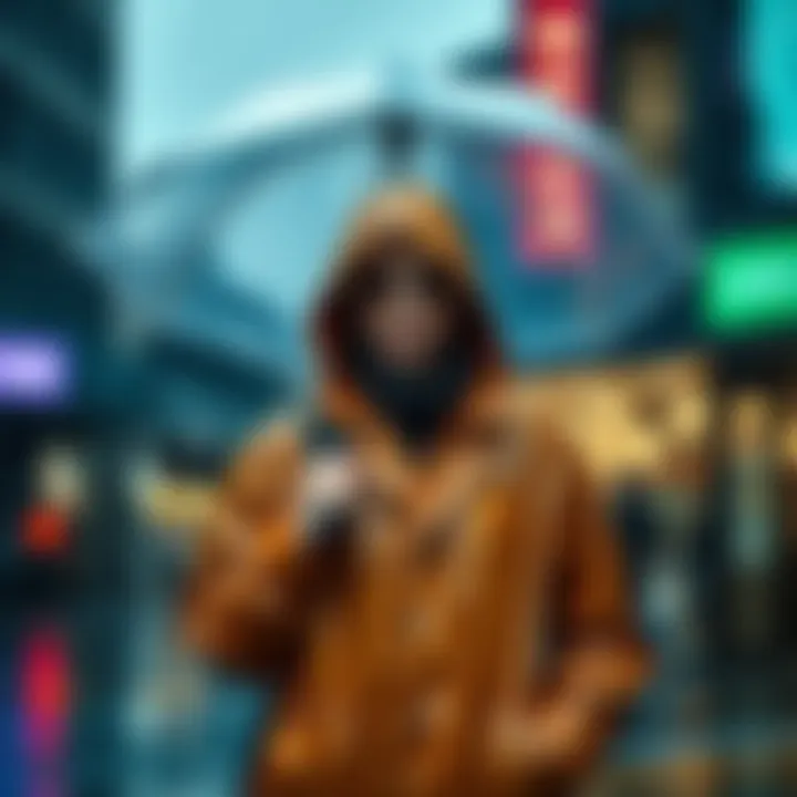 A person wearing a stylish raincoat and holding an umbrella while standing in the rain, showcasing how to stay fashionable in wet conditions.