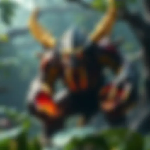 Rajang in Monster Hunter A fierce Rajang monster showcasing its strong physique and glowing fists in a lush jungle setting during a battle scene.