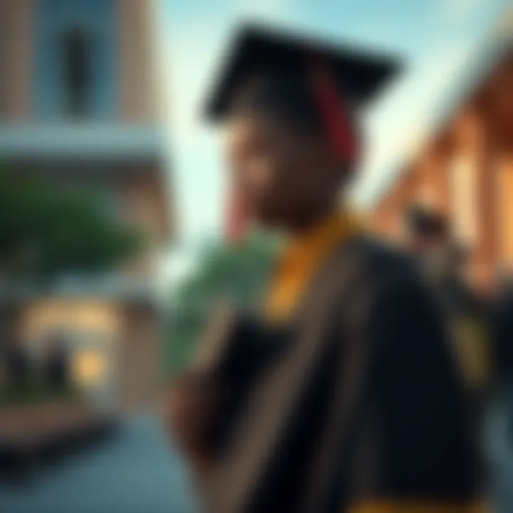 A concerned RaKai stands outside his school, looking at the graduation ceremony happening inside. He holds his graduation cap and gown with disappointment.