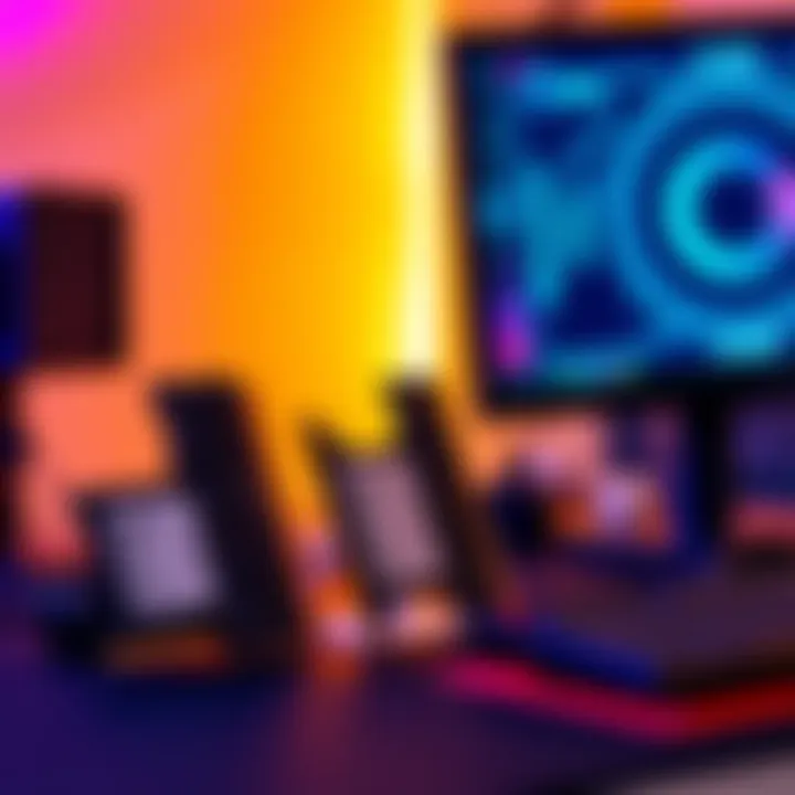 Comparison of 16GB, 32GB, and 64GB RAM modules next to a gaming setup with a keyboard and monitor.