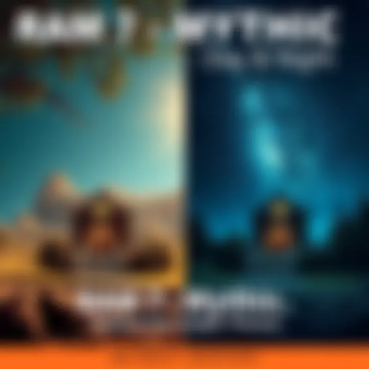 Two versions of RAM 7 Mythic shown side by side, one in bright daylight and the other in a starry night scene