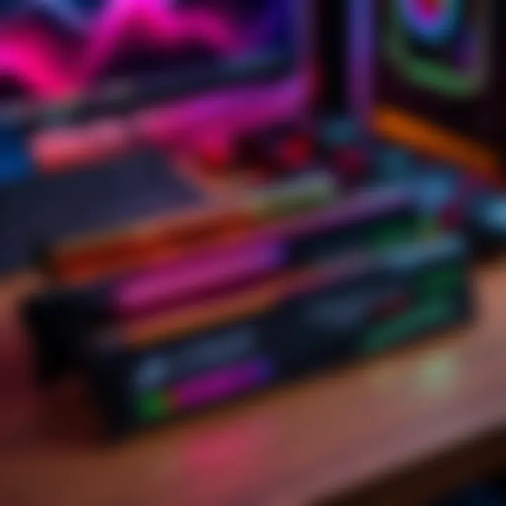 A collection of various RAM cards, featuring CORSAIR VENGEANCE RGB DDR5 models, arranged on a wooden desk with a computer background.