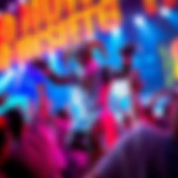 A character named Ram showing off new dance moves in a colorful gaming environment, surrounded by excited fans and vibrant lights.