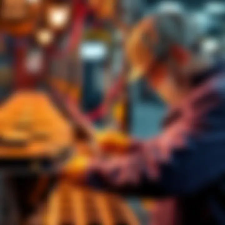 A factory worker examining RAM chips on a production line, highlighting the manufacturing difficulties.