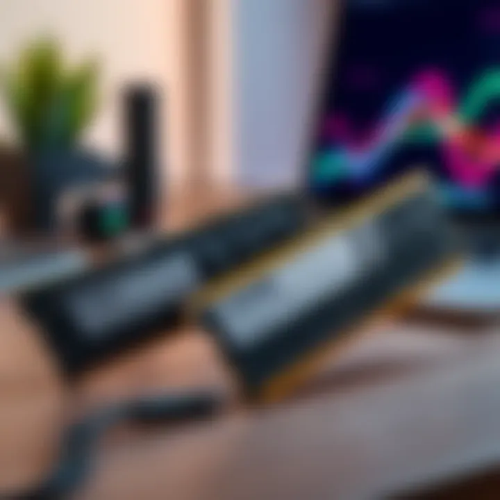 A side-by-side comparison of 16GB and 24GB RAM modules on a desk, showing the difference in size and design, with a laptop in the background.