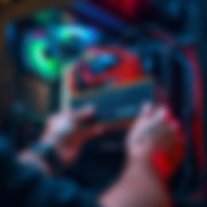 A person installing new RAM sticks into a gaming computer, focusing on the components and cables inside the case.