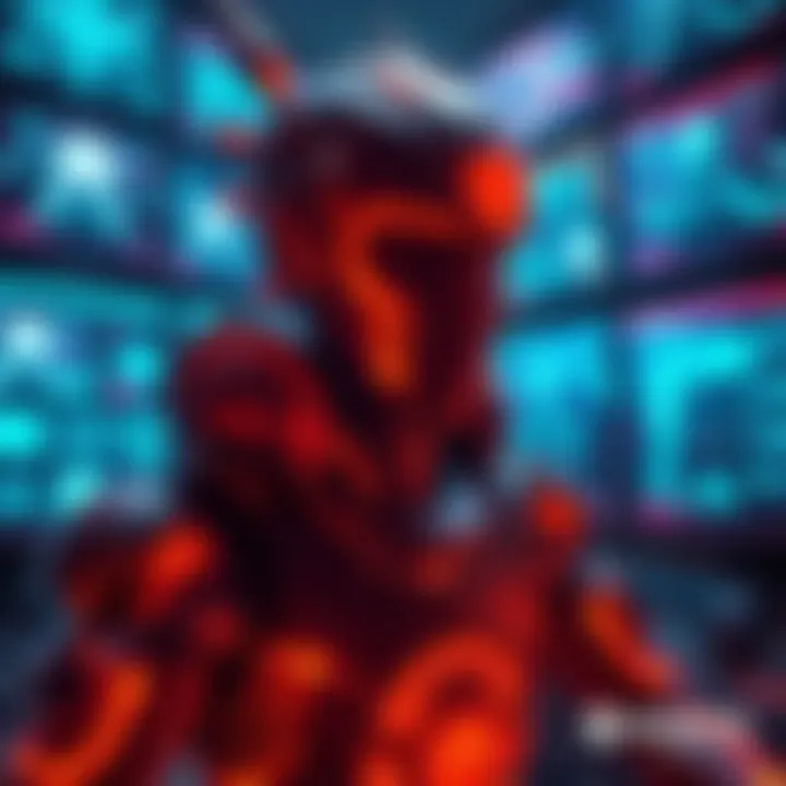 A futuristic character, Ramattra, surrounded by digital screens showing AI and ChatGPT interaction, reflecting on technology's impact in gaming.