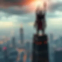 Ramattra stands atop a skyscraper, gazing down at a city filled with chaos, symbolizing his disdain for humanity's actions.