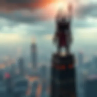Ramattra stands atop a skyscraper, gazing down at a city filled with chaos, symbolizing his disdain for humanity's actions.