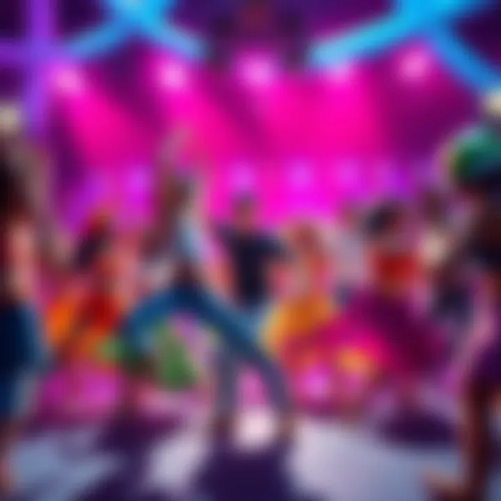 A lively scene featuring characters dancing together in celebration of the Ramattra Dance event, showcasing bright colors and energetic movements.