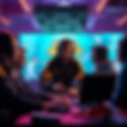 A group of gamers discussing new tactics for Ramattra in a vibrant gaming setting