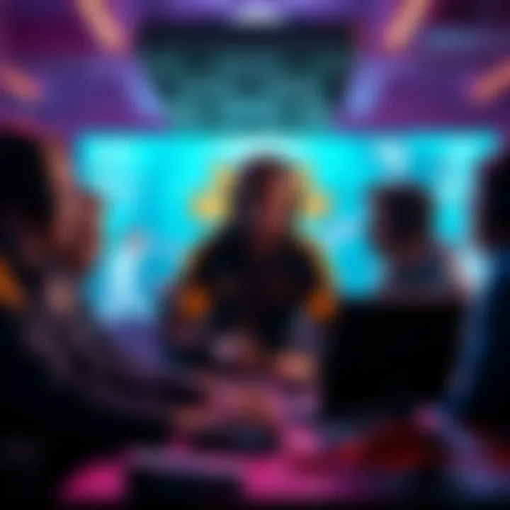 A group of gamers discussing new tactics for Ramattra in a vibrant gaming setting