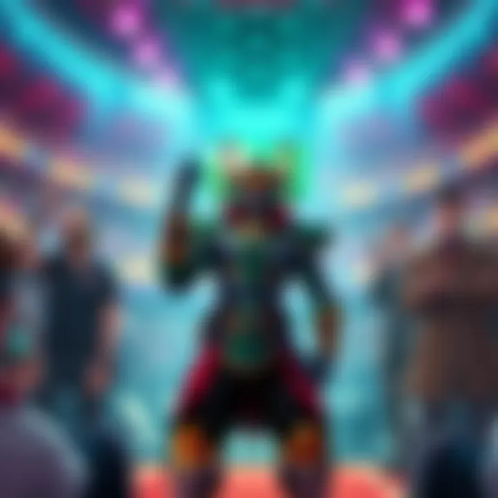 A character named Ramattra stands confidently in a vibrant gaming arena, surrounded by excited players discussing his powers.