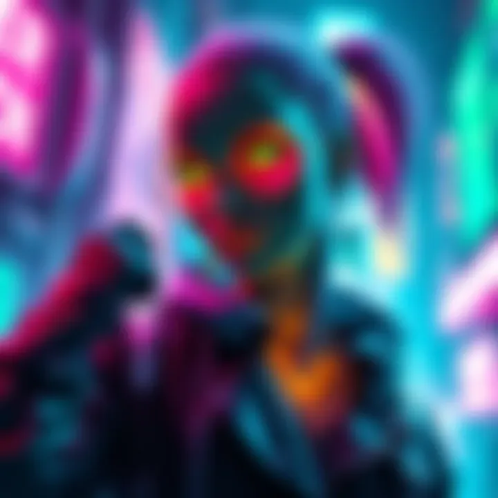 Rampart showcasing Rebecca's vibrant cyberpunk skin with neon colors and futuristic elements.
