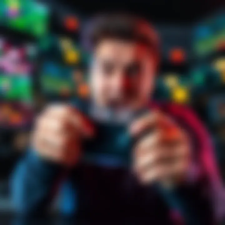 A person enthusiastically pressing random buttons on a game controller with a surprised expression, surrounded by colorful graphics representing various game outcomes.