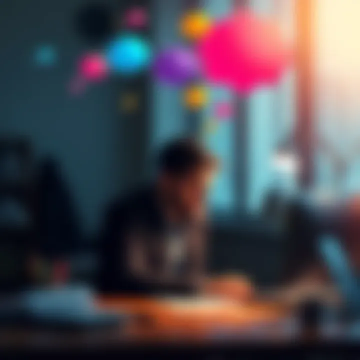 A person sitting at a desk, lost in thought, with colorful thought bubbles representing spontaneous ideas above their head