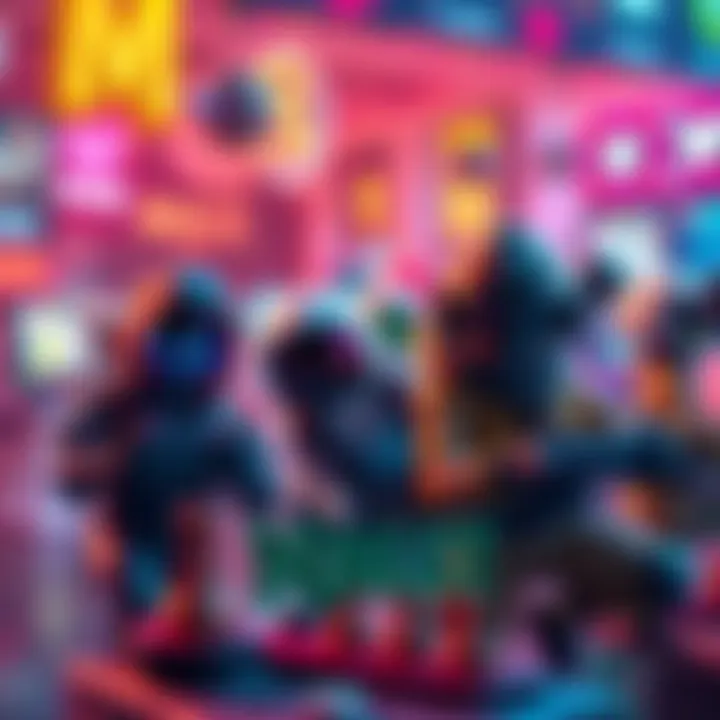 Various random game characters engaging in gameplay with vibrant backgrounds and interactive elements.