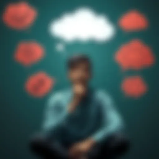Random Thoughts A person sitting with a thoughtful expression, surrounded by floating thought bubbles illustrating various random ideas, like a book, a clock, and a cloud.