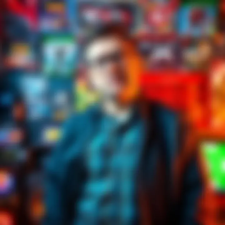 Randy Pitchford standing with a thoughtful expression, surrounded by gaming memorabilia, showcasing his influence in the gaming industry