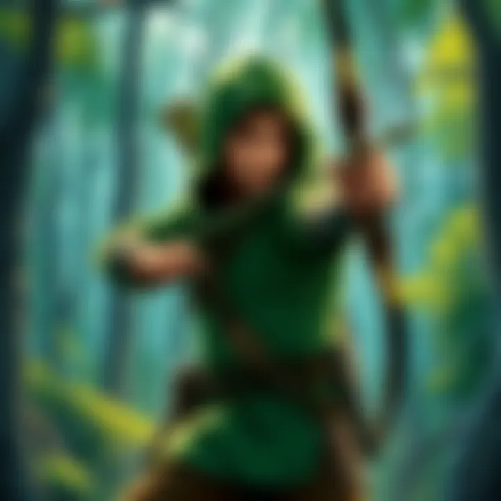 A digital illustration of a ranger character, dressed in green attire, wielding a bow and arrow in a forest setting. The character looks determined, embodying the essence of the ranger role in video g...