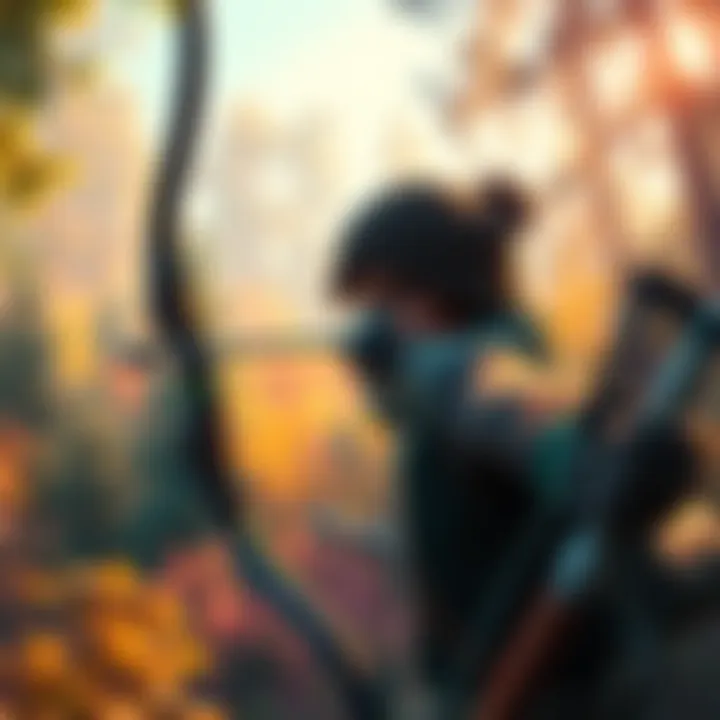 Ranger Bow in Action A character aiming a Ranger Bow in a vibrant forest setting, ready to take a shot at an enemy.