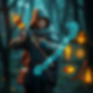 Ranger with Magic Bow and Gear A fantasy ranger character holding a glowing bow with various magic items displayed around, set in an enchanted forest.