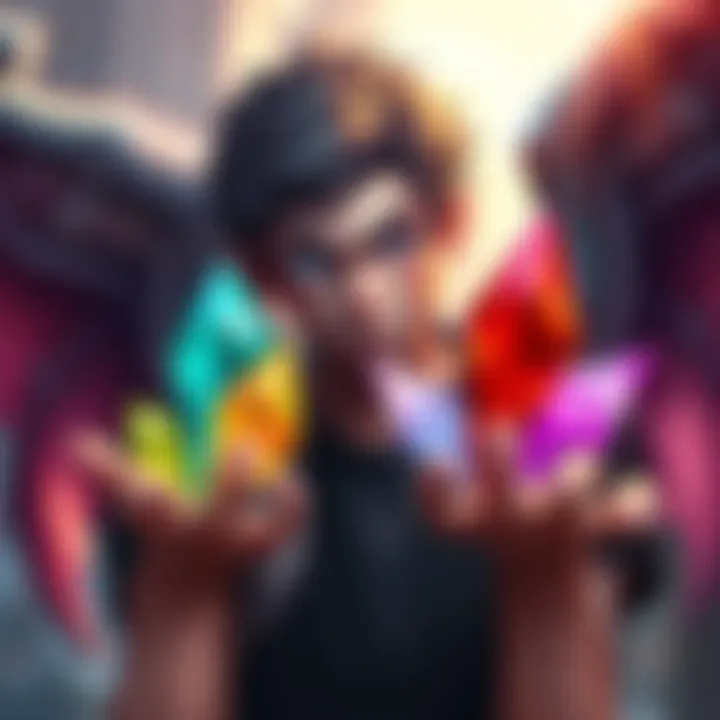 Rank 5 Player with Archon Shards A Rank 5 player holding different colored Archon Shards, looking confused about their origin.