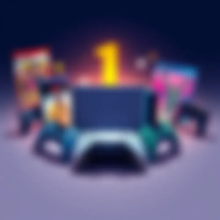 Illustration showing the Rank 1 console with modern gaming controllers and popular game titles around it