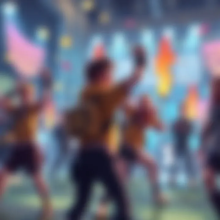 A vibrant scene showcasing players celebrating their rank-up moments with animated effects in a gaming setting.