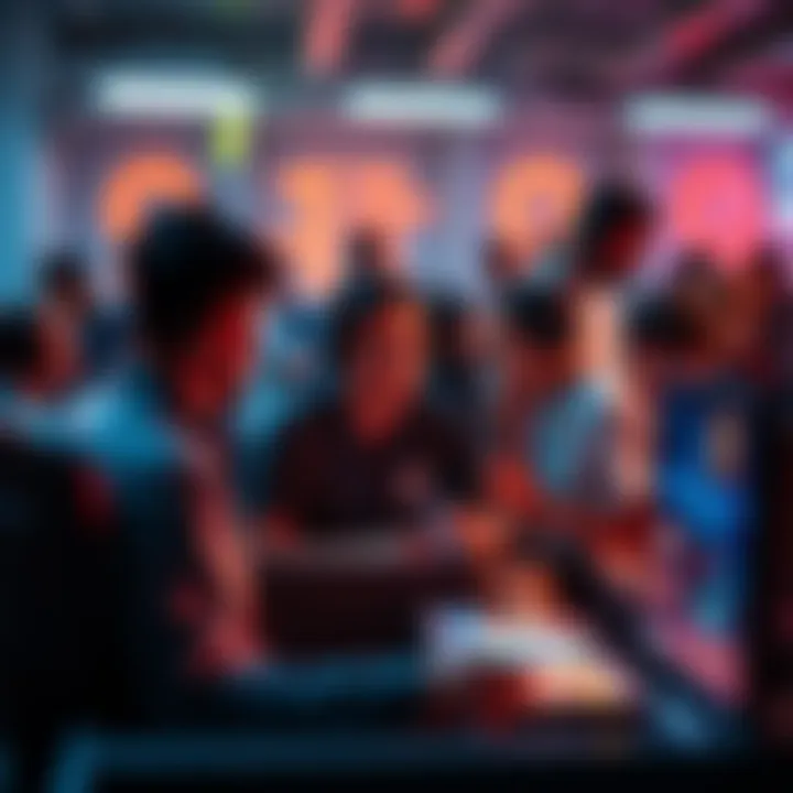 A group of people engaging with a digital platform, showing competition and teamwork on screens, highlighting community dynamics