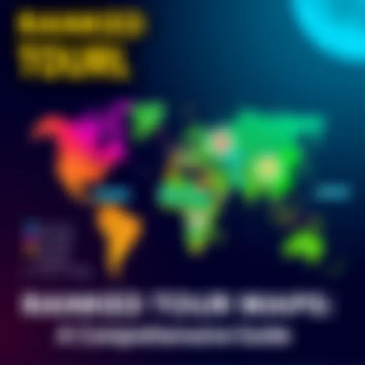 An illustration showing a colorful map highlighting different ranked world tour locations with icons representing various features and statistics.