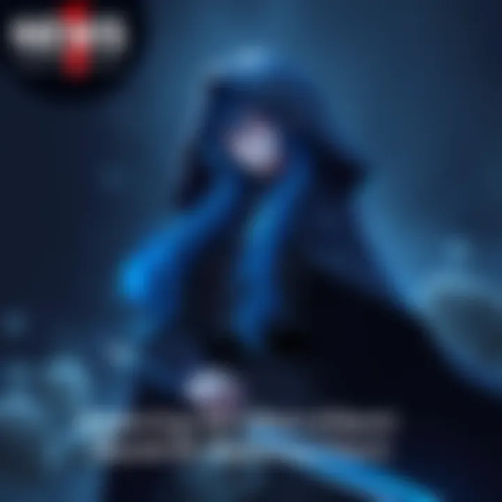 A character with long blue hair wearing a dark cloak, surrounded by a mystical atmosphere, holding a sword, gazing thoughtfully into the distance.
