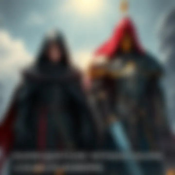 A scene showing Ranni, a mysterious figure in a dark cloak, alongside Radagon, a knight in shiny armor, symbolizing their contrasting choices in a fantasy setting.