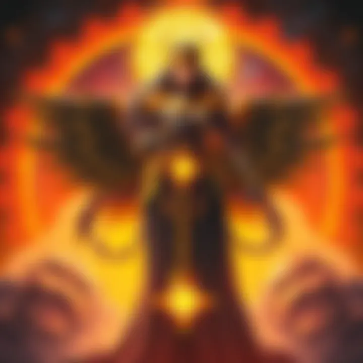 Ranni stands boldly with a celestial backdrop, symbolizing her rebellion against the Golden Order. She holds a mystical weapon, hinting at her connection to cosmic forces.