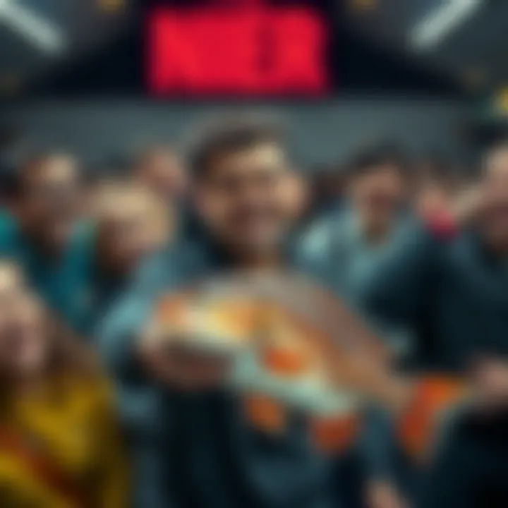 A person animatedly expressing frustration while holding a fish, surrounded by a crowd laughing