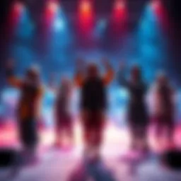 A group of Mongolian rappers on stage, blending traditional clothing with modern hip-hop styles, showcasing their music talent.