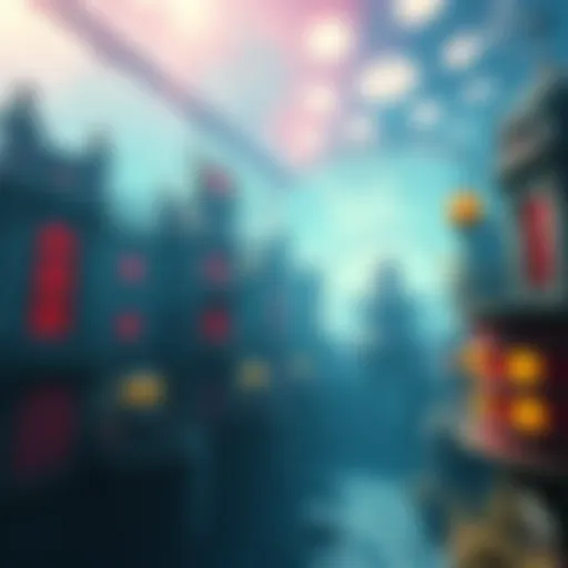 Underwater city of Rapture A vibrant underwater city with art deco architecture, showcasing a peaceful atmosphere without signs of disruption, reflecting a possible perfect utopia.