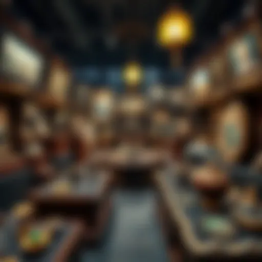 A display of rare collectibles and artwork, showcasing unique treasures from different cultures and eras.