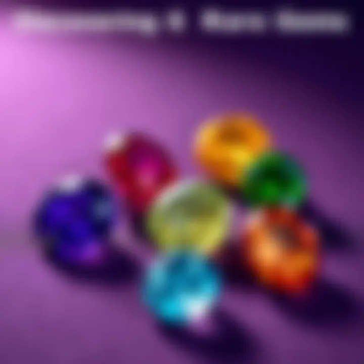 A collection of six unique rare gems showcasing their colors and features, arranged on a velvet surface.