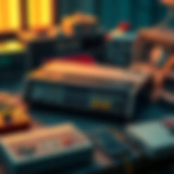 An old home gaming console from the 70s or 80s, showing worn buttons and a retro design, placed on a table surrounded by vintage gaming items